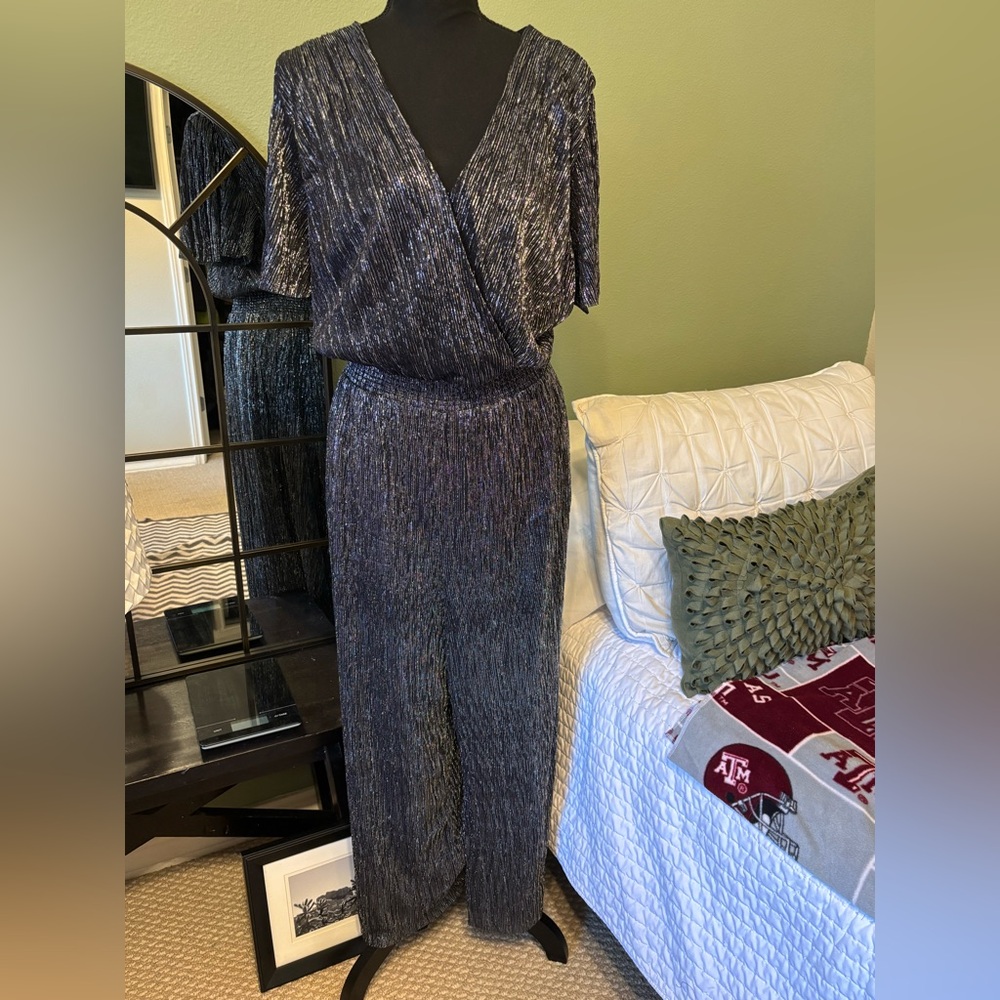 NEW NWT Banana Republic XL Metallic wide leg Jumpsuit V-neck Pants - Picture 11 of 16